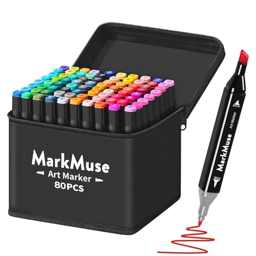 MarkMuse Filzstifte Marker Set, 80 Farben Alkohol Marker mit Feinspitze & Breitspitze, 2-Sekunden Schnelltrocknend, Alkohol Stifte mit Anti-Seepage Abstandshaltern für Malerei, Design