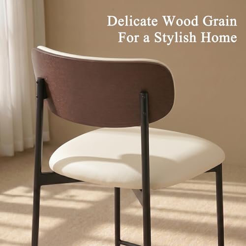 Image of GrandNoor Modern Bar Stools Set of 2, 24 Inch Upholstered Beige Faux Leather Counter Height Stools with Curved Backrest & Metal Legs, Wood Grain Back Bar Chairs for Kitchen Island