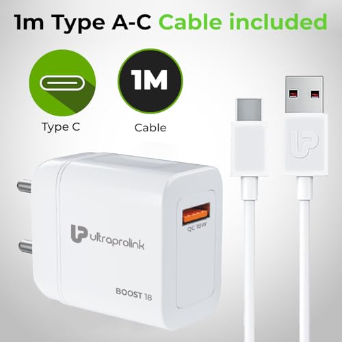 Image of UltraProlink | 18W QC 3.0 Fast Charge | Smart IC & Auto Detect Compatible with Vivo, iQoo, Redmi, Samsung & Xiaomi | 1m Type C Cable | White | UM1340