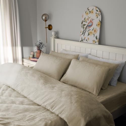 Image of Blue Dahlia 100% Cotton, Queen Size Elastic Fitted Bedsheet (60 inchx78 inch) + 2 Pillow Covers, Fits Upto 10 inch Mattress, 300TC Premium Bedsheet, Symmetrical Jacquard Pattern - Beige