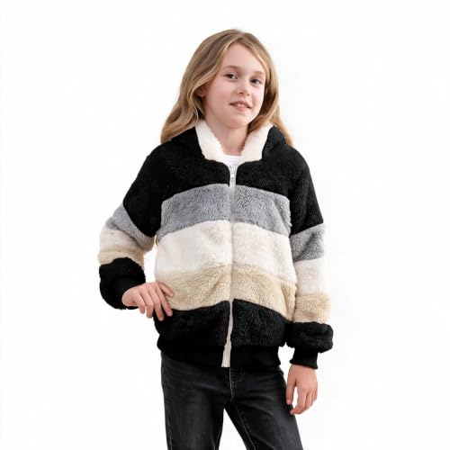 Image of Girls Fleece Jackets Kids Sherpa Fuzzy Zip up Hoodie Fall Winter Contrast color Pullover Sweatshirt 4-12 Years