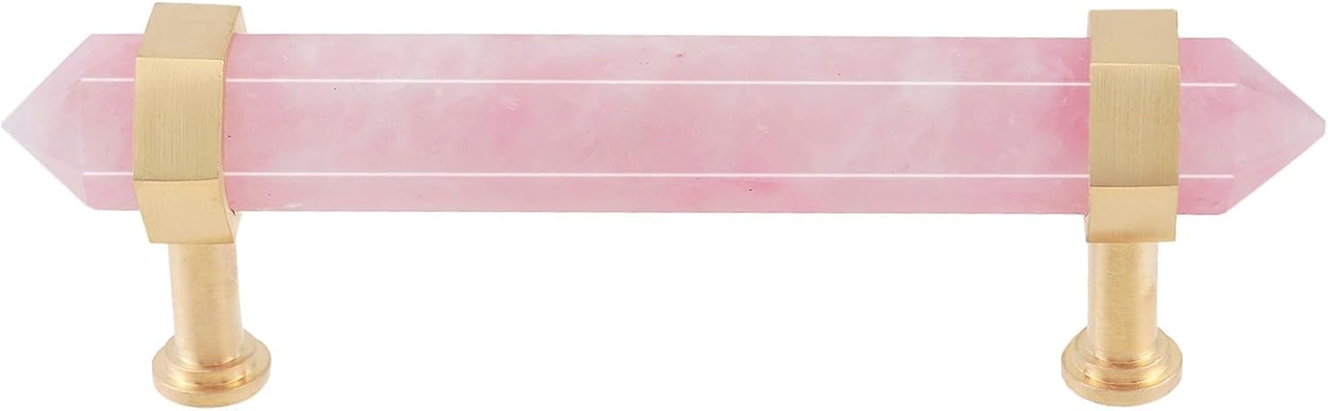 Sportmusies Pack of 2 Brushed Brass with Rose Quartz Crystal Cabinet Pull Knobs with Screws, Hexagonal Pointed Stone Handle Knobs for Dresser Cupboard Kitche