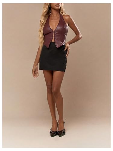 SOLY HUX Women's PU Leather Halter Tank Tops Sexy Deep V Neck Asymmetrical Vest Corset Party Clubwear4