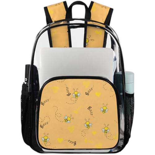 Honey Cartoon Bee Clear Backpack Stadium Approved PVC Backpacks for Adults Heavy Duty Clear Bag for Work Security Travel College