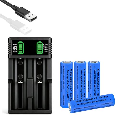 2-Solt 3.7 USB Battery Charger with 4 Pack 3,7 3500mAh Flat Top Battery NI-MH, Batteries Rechargeable NIMH Long Lasting for LED Flashlights,Cameras,Headlamps,Doorbells,etc. (18.01mm*65.01mm)