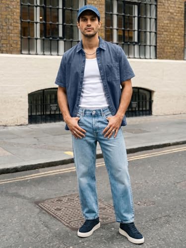 Image of Urbano Fashion Men's Oversized Fit Half Sleeve Washed Casual Denim Shirt