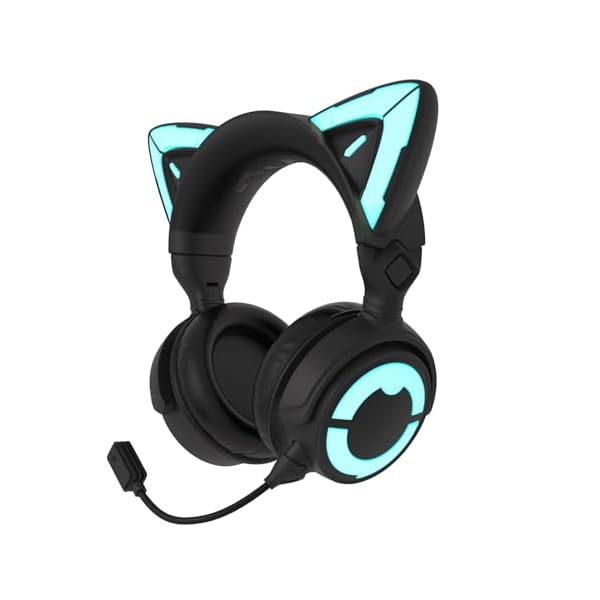 YOWU RGB Cat Ear Headphones 4GS - Gaming Headset for PC PS5 Switch Xbox, 2.4G/Wireless/Wired, Attachable Gaming Microphone, Adjustable Lighting and Effect via ApP (Black)