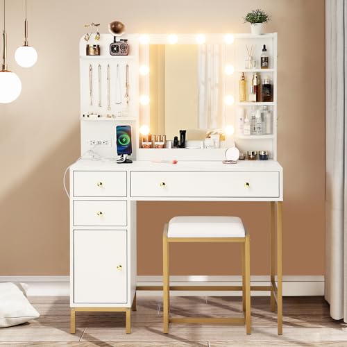 White Vanity Desk Set with Stool Mirror Lights 3 Color Lighting Dressing Table Makeup Station Charging Ports Large Beauty Desk for Bedroom Vanity Area