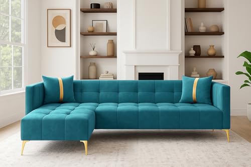 Image of FURNY Styliving 6 Seater Fabric LHS L Shape Sofa Set (Aqua Blue) with Golden Finish Legs | Durable & Comfortable | Ideal for Living Room