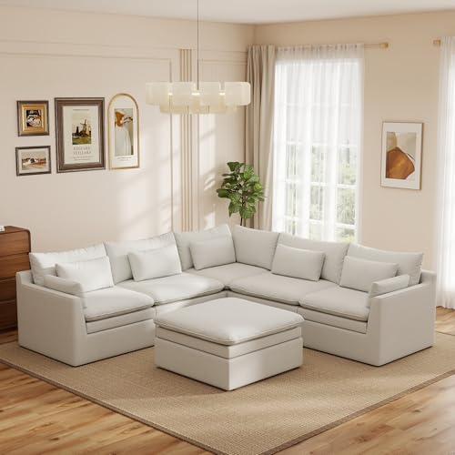 Image of WJShome Modular Sectional Couch, Deep Seat V-Shaped Cloud Couch with Water-Resistant & Stain-Resistant Fabric, Removable Washable Covers, Sleeper Sofa with Ottoman for Living Room, Apartment, White