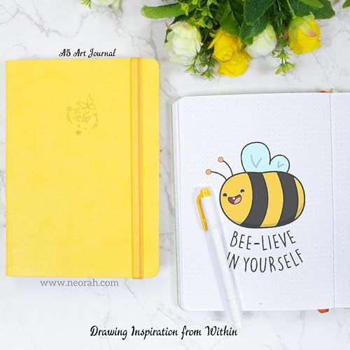 Image of NEORAH - A5 - ART JOURNAL | 200 Gsm Dotgrid Notebook | 160 Pages(21.0 x 14.8 cm)| Hard Cover| 3 Bookmarks | Elastic Closure | Back Pocket | Ideal - Bujo,Drawing & Painting, Junk Journal (YELLOW)