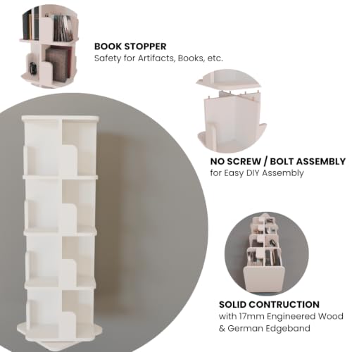 Image of COGO 4 Tier Revolving Bookshelf | 360 Smooth Revolve Mechanism | 52 x 15 x 15 inch | 100 Books Capacity | 17 mm Engineered Wood | Bookcase | Showcase | Do-It-Yourself | Colour: White