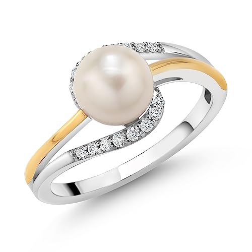 Gem Stone King 7-7.5MM Cultured Freshwater Pearl and Lab Grown Diamond Ring For Women | 925 Sterling Silver and 10K Yellow Gold | Available in Size 5,6,7,8,9 | Fine Jewelry Gifts for Her Mom Wife