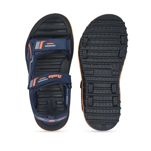 Image of Bata Men's Sports Sandals, Dual Velcro Strap, Textured Sole (NAVY /ORANGE, UK Footwear Size System, Adult, Men, Numeric, Medium, 9)