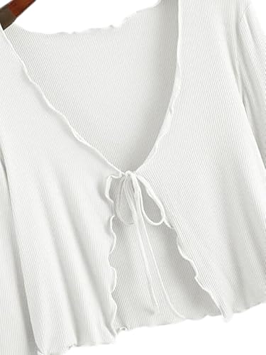 Image of GLOWSTITCH Women's Cropped Tie-Front Shrug Cardigan | Soft Ribbed Knit Long Sleeve V-Neck Top | Stylish Summer Cardigan, Casual Beach & Vacation Wear | Shrug for Woman