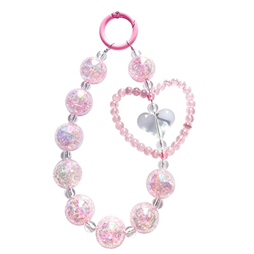 Katutude Crystal Beaded Phone Charm Bling Phone Wrist Strap Love Heart Beaded Phone Lanyard Wrist Strap Anti Lost Phone Chain Wristlet Gift for Girls Women, Pink