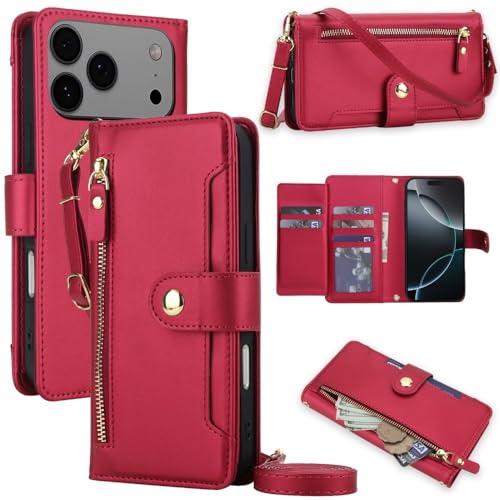 Étui portefeuille iPhone 17 Pro rouge anti-chute à rabat