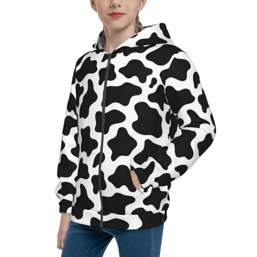 Cow Print Black White Kids Pullover Hoodies Boys Zip Up Sweatshirts Girls Athletic Clothes with Pocket