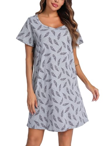 Image of ENJOYNIGHT Womens Cotton Nightgown Short Sleeve Sleepshirt Print Nightshirt | Short-Sleeve Crew Neck, Soft Cotton Fabric, Cartoon Printed Sleep Shirt, Loose Fit