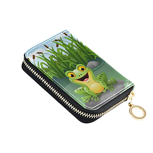 OTVEE Cartoon Frog at Pond RFID Credit Card Holder Case, Microfiber Leather Zipper Card Wallet for Women