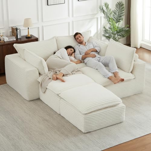 Image of 5 Piece Modular Sectional Sofa, Oversized Boneless Cloud Couch with Ottoman, Luxury Deep Seat Corduroy Fabric L Shaped Couch, Modern Memory Foam Sofa in a Box for Living Room Bedroom