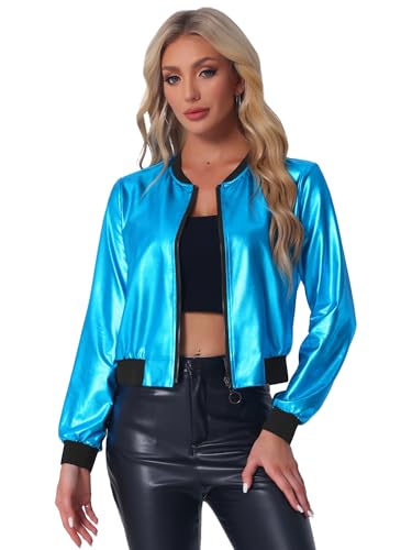 Allegra K Disfraz de Halloween Para Mujer, Brillante, Holográfico, Brillante, Metálico, Ligero, Brillante, Chaqueta De Bombardero Azul Pavo Real XL