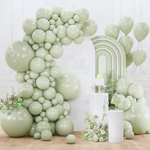 Image of PartyWoo Sage Green Balloons 155pcs Different Sizes of 18 12 10 5 Inch Dusty Boho Green Latex Balloon Arch Kit for Wedding Birthday Dinosaur Jungle Golf Football Theme Party Decorations Green-F32