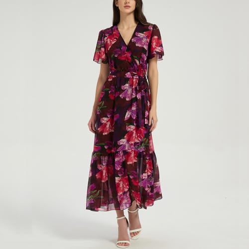 Image of Women's Summer Bohemian Floral Chiffon Dress Cap Sleeve V Neck Ruffle Long Flowy Boho Casual Vacation Dresses