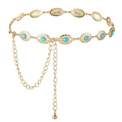 Western Turquoise Concho Waist Belts Metal Chunky Country Cowgirl Belts Adjustable Boho Chain Belts for Women Girls