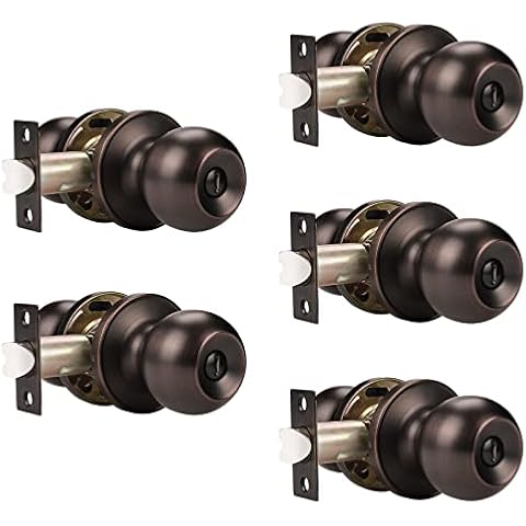knobelite(5 Pack) Bed/Bath Room Round Door Knob,Privacy Function for Bathroom/Bedroom,Interior Door Door Lock Handle Oil Rubbed Bronze Finish, Keyless(Thumb Turn Lock on The Inside) Door Handles Locks Cover