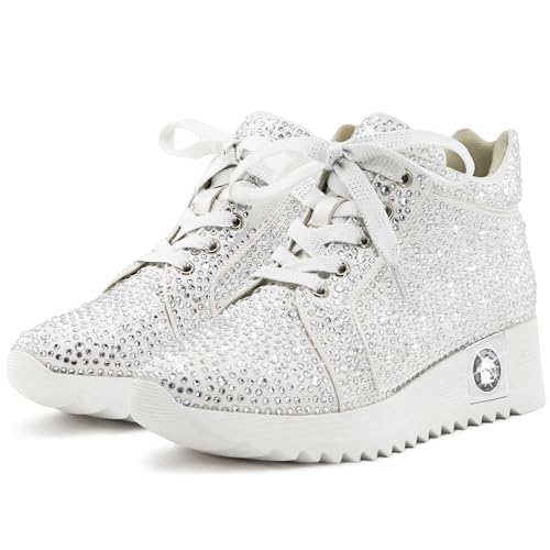 Image of FINDVELL Women's Fashion Glitter Sneakers Platform Wedge Shoes Sparkly Rhinestone High Top Sneakers Trendy Sequin Shoes Wedding Bride Dress