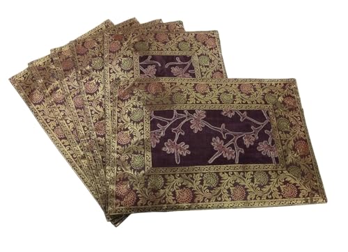 Image of Brocade Silk Placemats for Dinning Table 12 x 18 Inches Hand Embroidered, Set of 6 Decorative Placemats for Home (Brown)