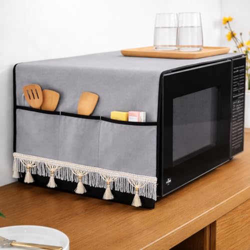 Image of Microwave Oven Cover with Tassel Lace - Waterproof Dustproof Polyester Top Cover for Kitchen with 4 Side Pockets, Modern Design, Grey (100 x 35 cm)