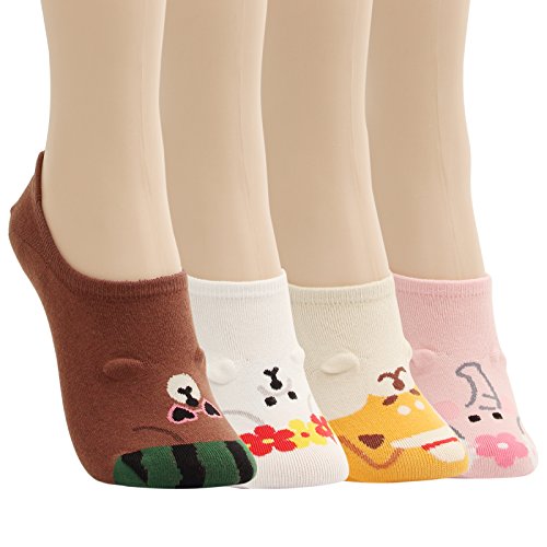 WOWFOOT Women Animal Design No-Show Casual Liner Socks Character Print Non Slip Flat Boat Line 4 Pair (4pair-aloha)