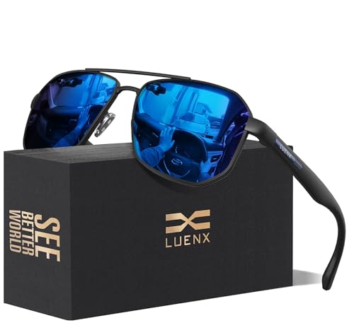 LUENX Aviator Sunglasses for Men Square Polarized Polygon Lens Mirror Dark Blue Lens