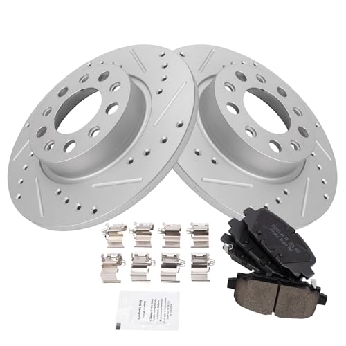 Image of TRQ Performance Rear Brake Pad and Rotor Set Ceramic Drilled Slotted Coated Compatible with 2018-2022 Jeep Compass