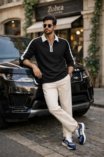 Image of Dagcros Mens Polo T-Shirt with White Contrast Collar | Short Sleeve Zipper Neck Casual Top | Smart Casual T-Shirt for Man