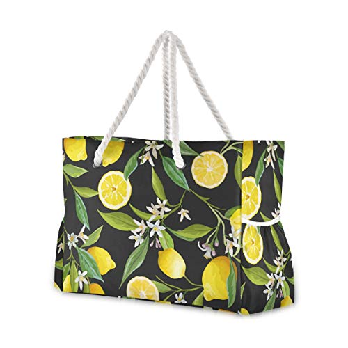 ALAZA Beach Bag, Vintage Yellow Lemon Travel Tote Bags for Camping, Exercise
