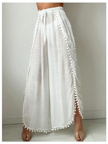 SHENHE Women's Bathing Suit Cover Up Pants Split Wide Leg Sheer Flowy Beach Palazzo Pants4