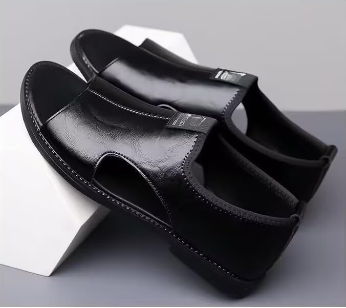 Men's Casual Slip-On Sandals - Black Open Toe Shoes with Rubber Sole, Comfortable for Strappy Sandals Great for Driving and Walking3