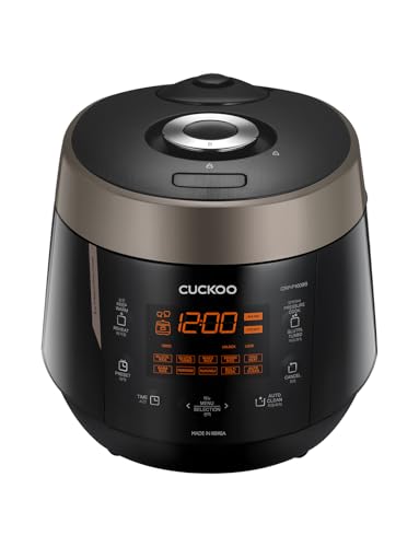 CUCKOO High Pressure Rice Cooker 10-Cup Uncooked / 20-Cup Cooked with Nonstick Inner Pot, Large Rice Maker with 13 Menu Options and Steam Plate, Fuzzy Logic Tech, Voice Guide, Black (CRP-P1009SB)