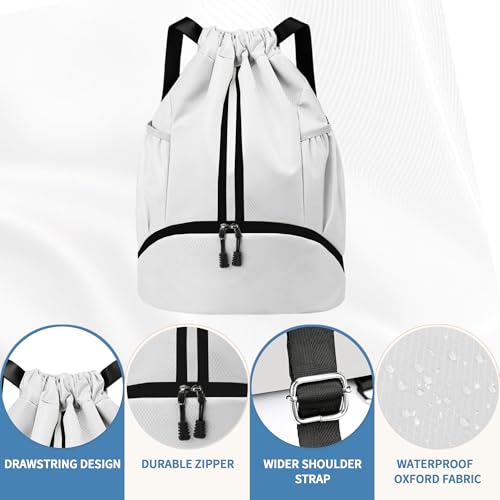 Image of JELUTAR Drawstring Backpack Gym Bag with Shoes Compartment, White | Water-Resistant String Backpack for Soccer, Basketball, Swim, Beach Cinch for Women Men, 22 L Large Capacity, Wet Pocket