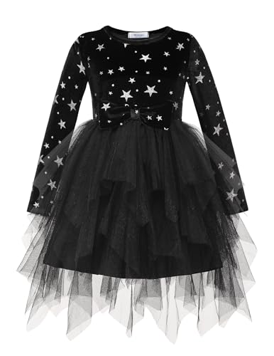 Arshiner Toddler Girls Fall Winter Velvet Dress Irregular Hem Tulle Long Sleeve Dresses Cute Bowknot Clothes