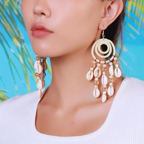 BOCAR Statement Boho Rattan Shell Dangle Earrings for Women Handmade Summer Vocation Beach Tropical Accessories Jewelry Gift (ER-1013-Beige)2