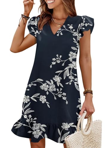 Image of QACOHU Spring Summer Dresses for Women 2026 V Neck Cap Sleeve Ruffle Hem Smock Short Casual Beach Dress