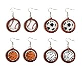 4 Pairs Retro Sports Ball Wooden Dangle Earrings Dainty Baseball Football Basketball Volleyball Print Wood Stud Earrings Set for Women Sports Fans Players Jewelry -Style 6