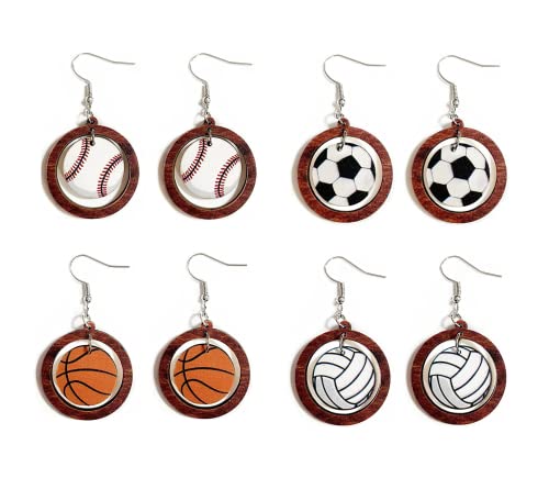 4 Pairs Retro Sports Ball Wooden Dangle Earrings Dainty Baseball Football Basketball Volleyball Print Wood Stud Earrings Set for Women Sports Fans Players Jewelry -Style 6