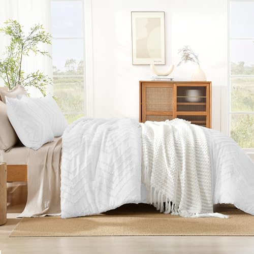 Image of Litanika Boho Queen Comforter Set, 3 Pcs White Lightweight Bedding Set