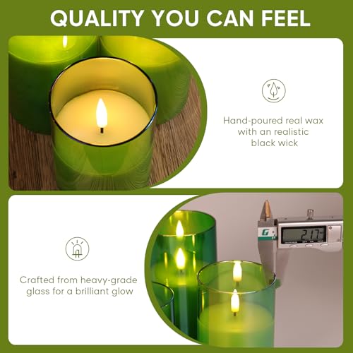Eywamage Flameless Green Glass Pillar Candles with Remote Control, Sparkling Battery, Set of 3 LED Wax Candles