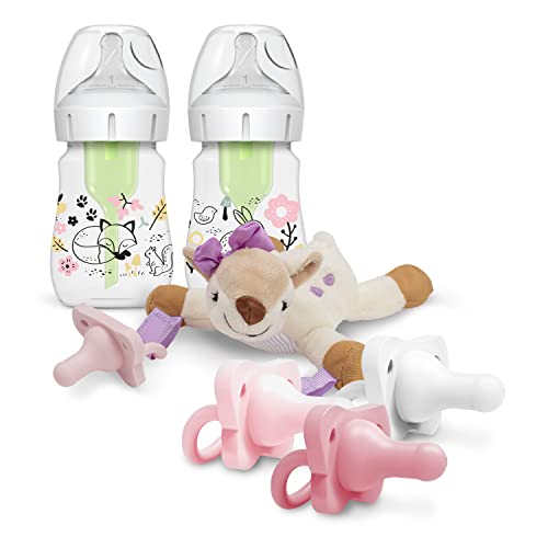 Image of Dr. Brown’s Wide-Neck Baby Bottle Woodland Designer Bottles, 5 oz/150 mL, 2-Pack with HappyPaci Pacifiers and Lovey Holder, Deer